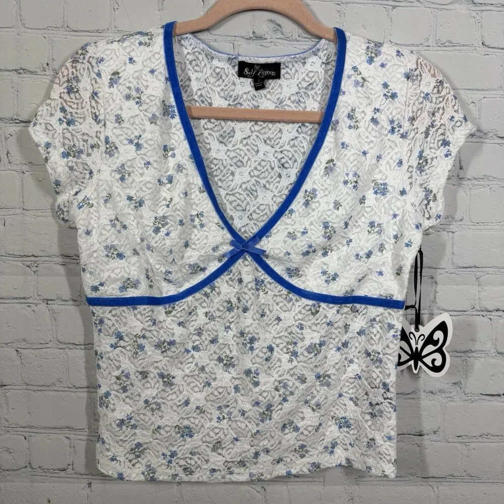 Coquette Y2K Sheer Lace Floral Blouse Junior Large Blue Trim Bow Top Romantic